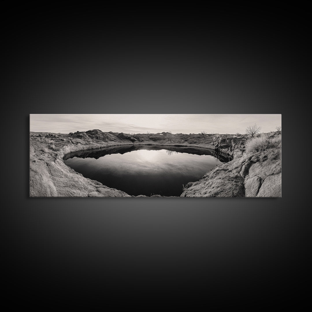 Desert Pool, Reflected Sky, Rugged Terrain, Monochrome Minimalism, Framed Canvas Print, Earthy Wall Art, Neutral Bedroom Decor