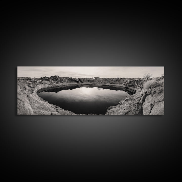 Desert Pool, Reflected Sky, Rugged Terrain, Monochrome Minimalism, Framed Canvas Print, Earthy Wall Art, Neutral Bedroom Decor