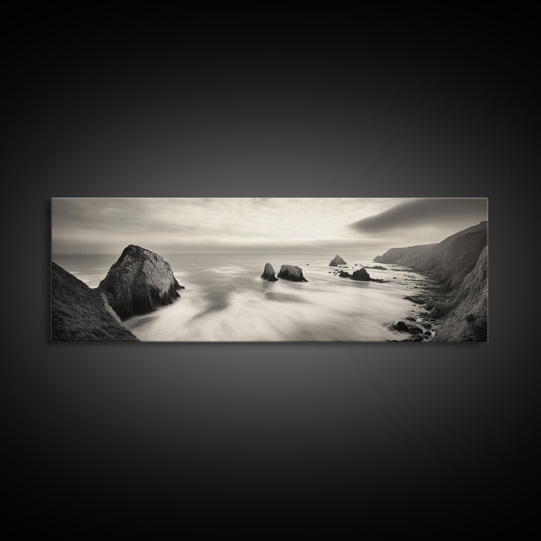 Rocky Coastline, Ocean Cliffs, Soft Waves, Long Exposure Landscape, Framed Canvas Print, Nautical Wall Art, Calm Living Room Decor