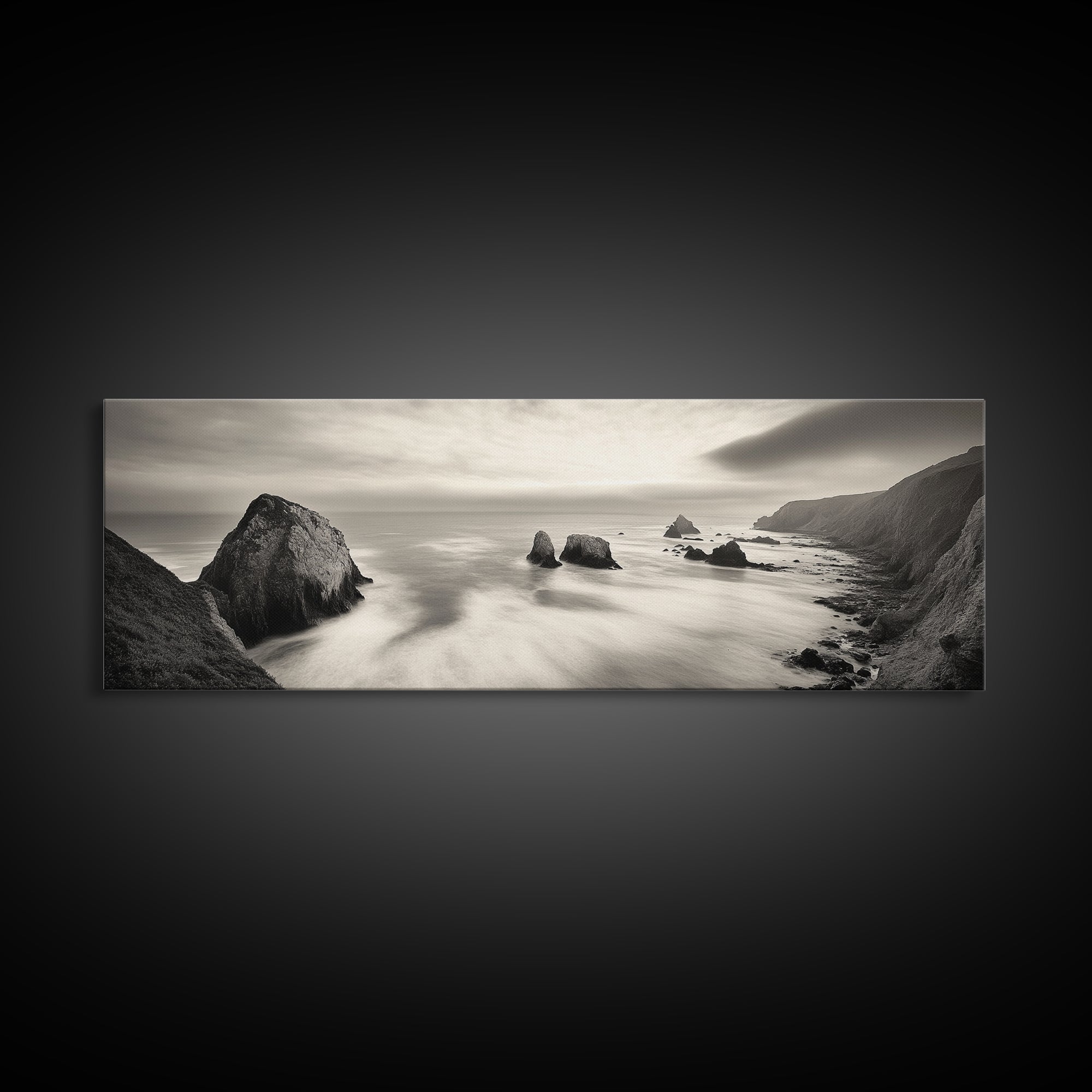 Rocky Coastline, Ocean Cliffs, Soft Waves, Long Exposure Landscape, Framed Canvas Print, Nautical Wall Art, Calm Living Room Decor