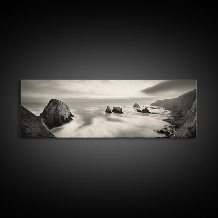Rocky Coastline, Ocean Cliffs, Soft Waves, Long Exposure Landscape, Framed Canvas Print, Nautical Wall Art, Calm Living Room Decor