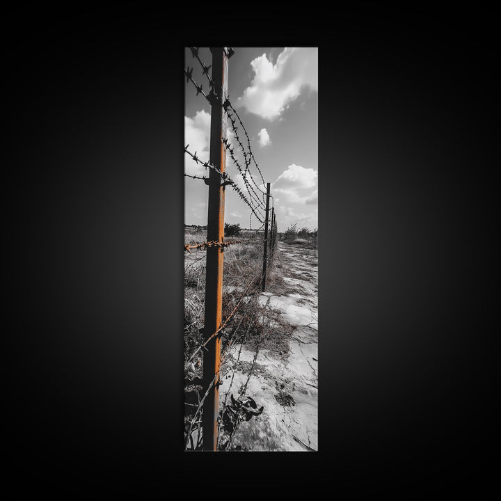 Rust Fence, Barbed Wire, Dramatic Sky, Framed Canvas Print, Abandoned Rural Art, Modern Industrial Decor, Grayscale Country Wall Art