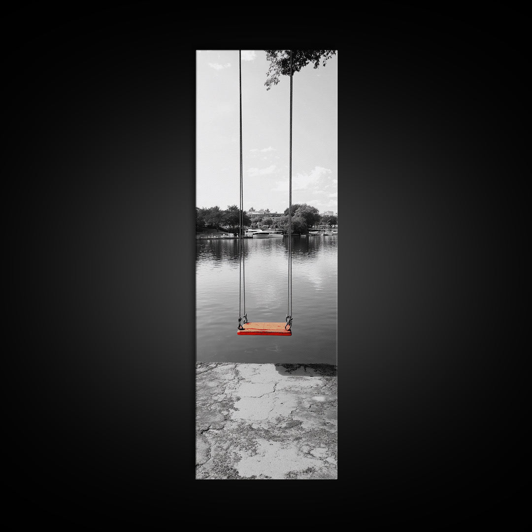 Swing Over Lake, Still Waters, Childhood Memories, Tranquil View – Canvas Print, Minimalist Wall Art, Kids Room Decor, Serene Black and White