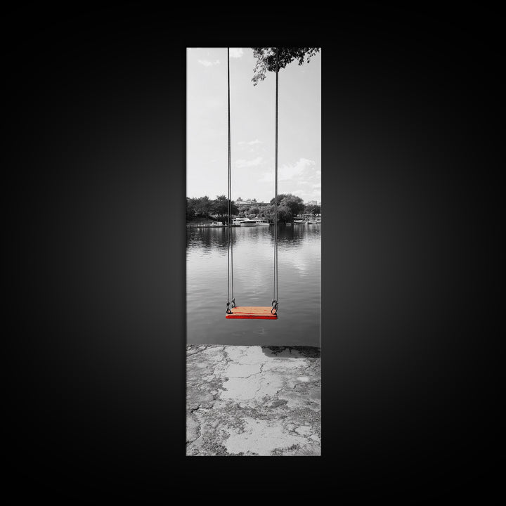 Swing Over Lake, Still Waters, Childhood Memories, Tranquil View – Canvas Print, Minimalist Wall Art, Kids Room Decor, Serene Black and White