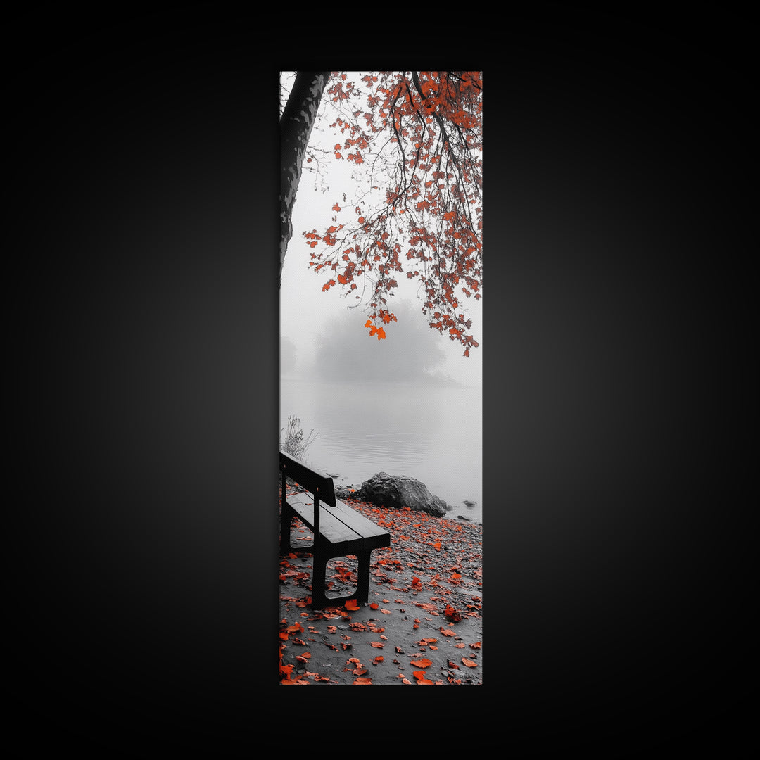 Autumn Leaves, Lakeside Bench, Quiet Moments, Foggy Morning, Framed Canvas Print, Cozy Fall Wall Art, Tranquil Living Room Decor
