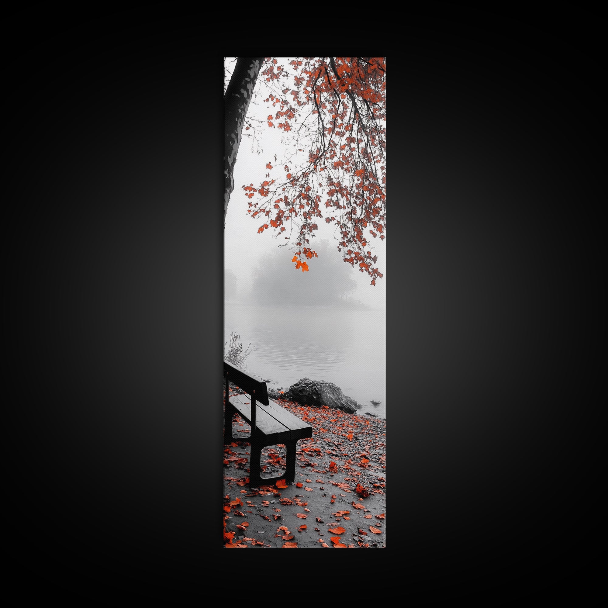 Autumn Leaves, Lakeside Bench, Quiet Moments, Foggy Morning, Framed Canvas Print, Cozy Fall Wall Art, Tranquil Living Room Decor