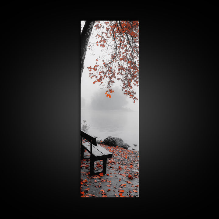 Autumn Leaves, Lakeside Bench, Quiet Moments, Foggy Morning, Framed Canvas Print, Cozy Fall Wall Art, Tranquil Living Room Decor