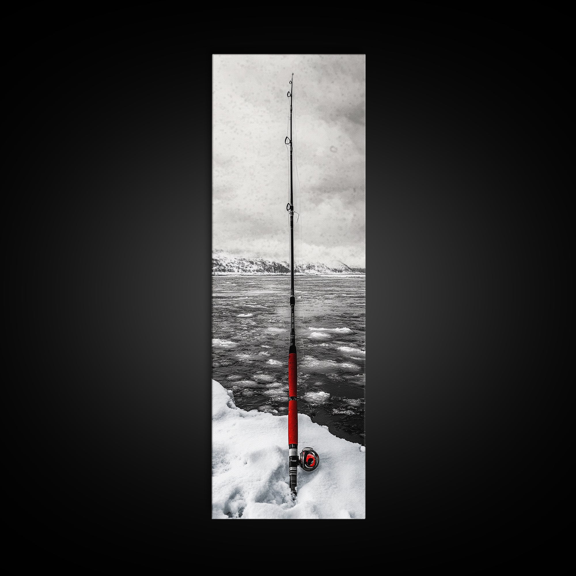 Ice Fishing Rod, Snow Adventure, Winter Sport, Framed Canvas Print, Man Cave Decor, Rustic Cabin Wall Art, Outdoor Lifestyle Photography