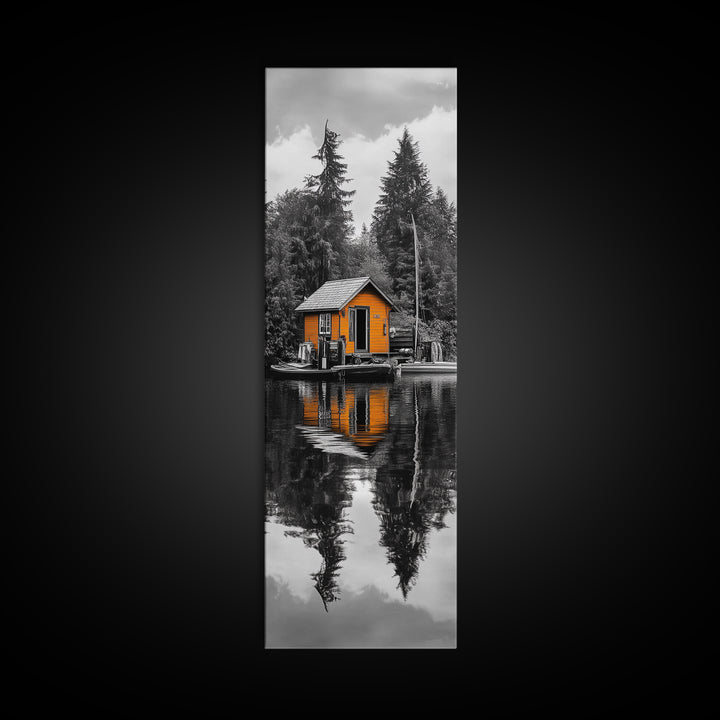 Lake Cabin, Reflection Serenity, Forest Escape, Framed Canvas Print, Nature Wall Art, Rustic Lodge Decor, Cabin Living Room Inspiration