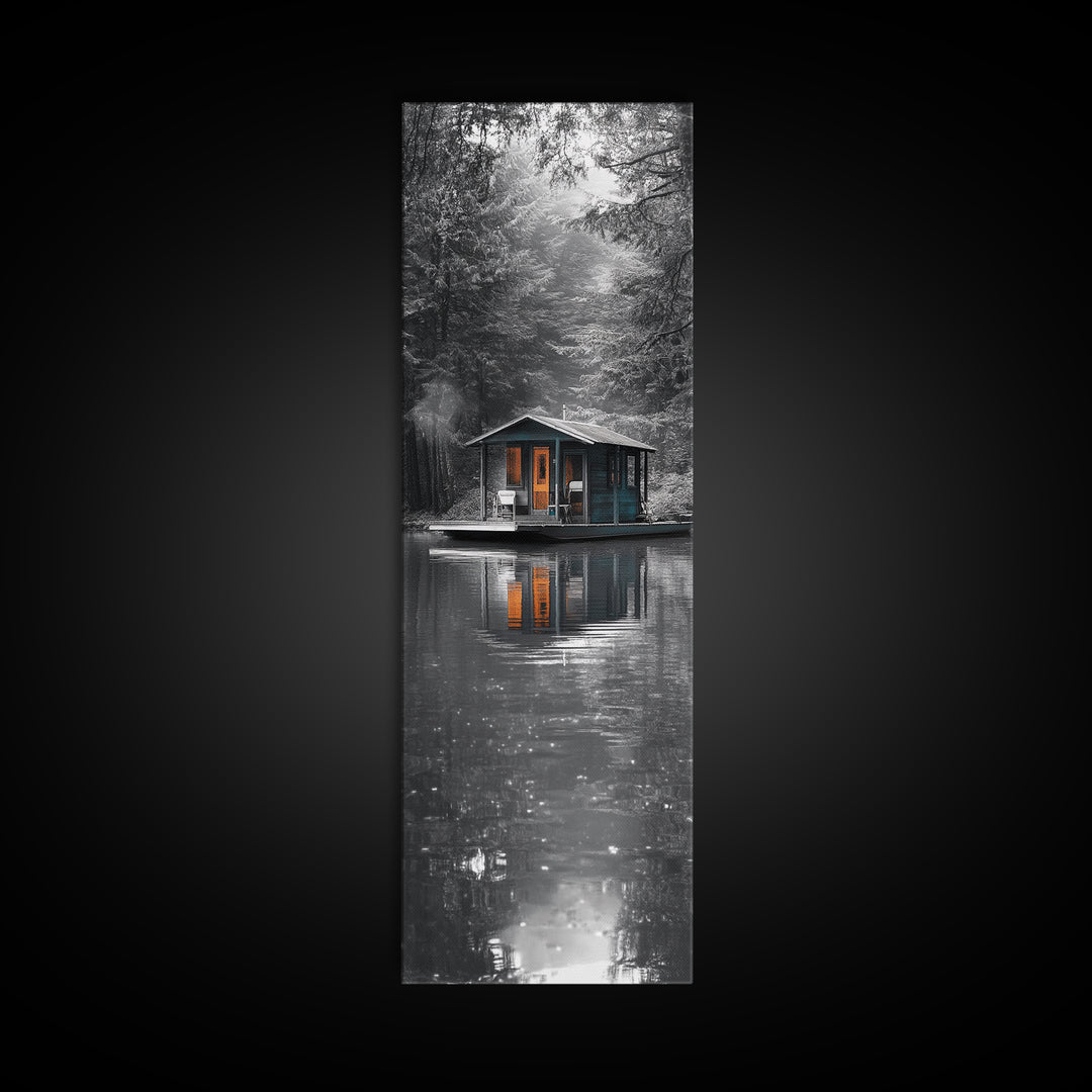 Cabin Reflection, Lake House Art, Cozy Forest Home, Canvas Print, Winter Wall Decor, Rustic Bedroom Artwork, Cabin Lover Gift