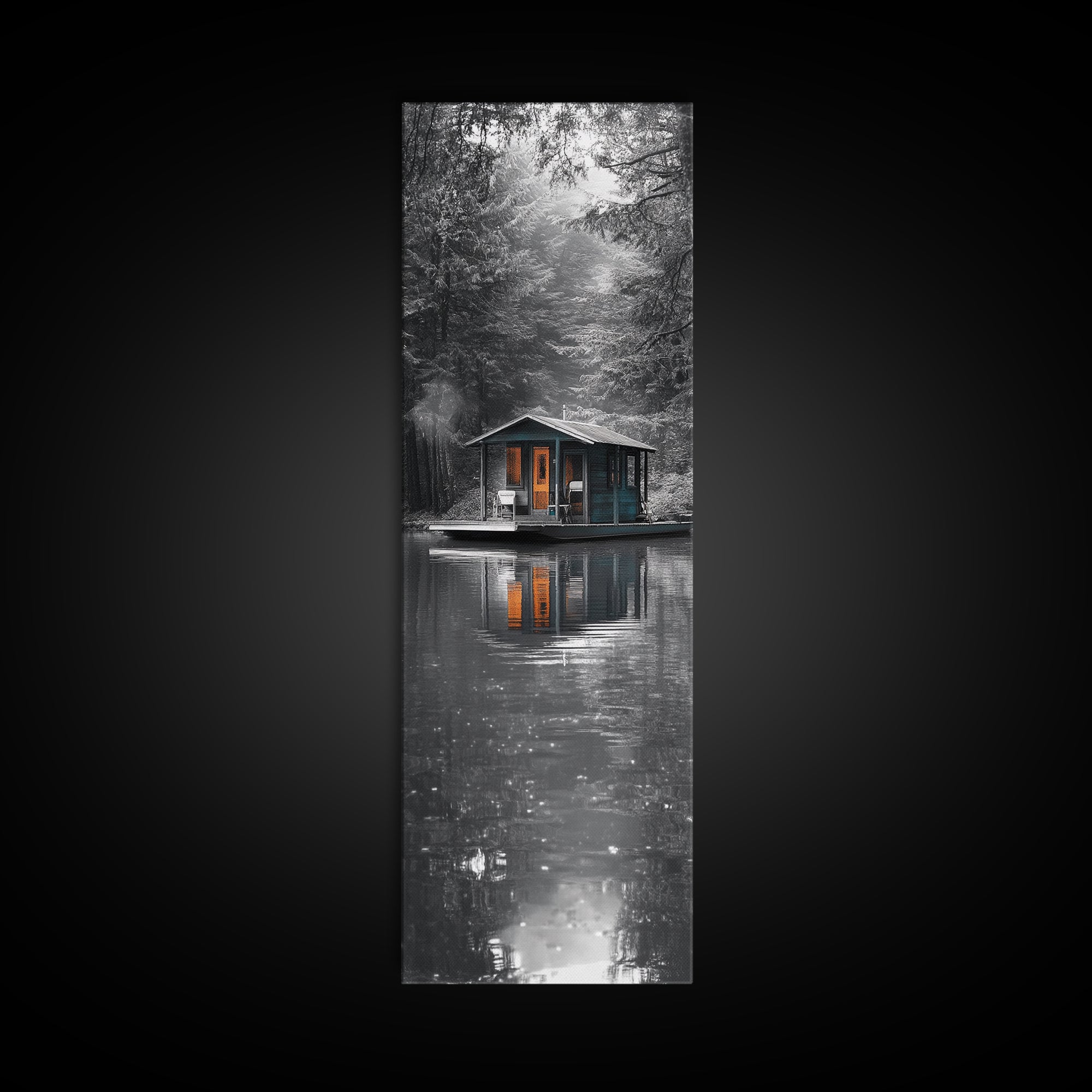 Cabin Reflection, Lake House Art, Cozy Forest Home, Canvas Print, Winter Wall Decor, Rustic Bedroom Artwork, Cabin Lover Gift