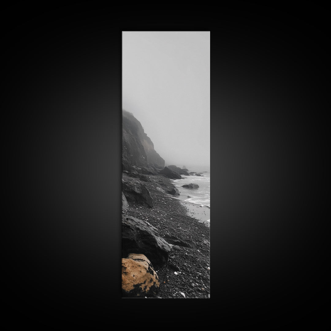 Foggy Cliffs, Coastal Rocks, Moody Ocean Photography, Canvas Print, Minimalist Seascape, Bathroom Decor, Calm Gray Tones, Nature Print