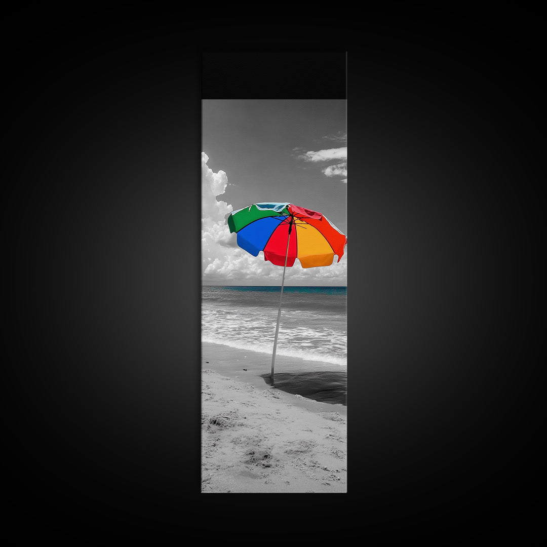 Rainbow Umbrella, Sandy Beach, Summer Sky, Framed Canvas Print, Coastal Bathroom Art, Vibrant Beach Decor, Modern Tropical Style