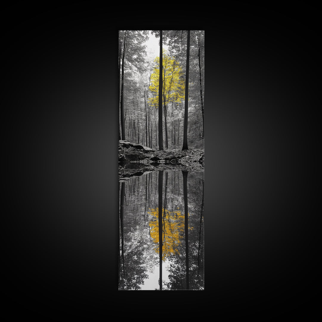 Yellow Tree, Autumn Woods, Forest Reflection, Nature Glow, Framed Canvas Print, Fall Wall Art, Rustic Decor, Cabin Art, Earthy Tones