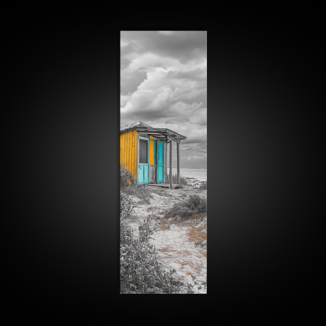 Beach Shack, Rustic Cabin, Vibrant Doors, Framed Canvas Print, Coastal Entryway Wall Art, Tropical Boho Decor, Seaside Rustic Style
