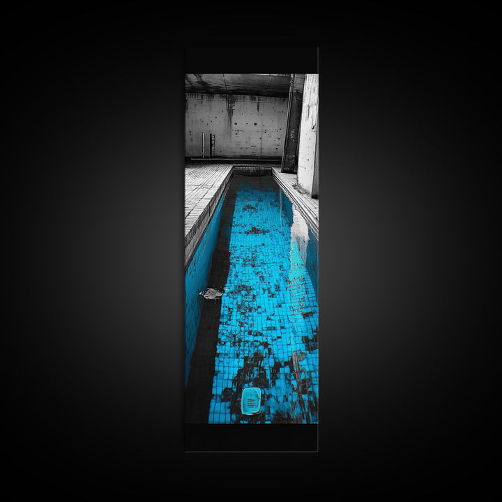 Abandoned Pool, Urban Texture, Gritty Vibes, Blue Contrast, Framed Canvas Print, Industrial Wall Art, Moody Bathroom or Loft Decor