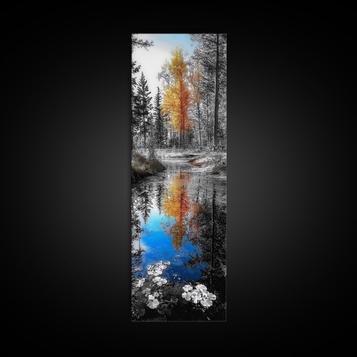Golden Tree, Blue Reflection, Autumn Forest Mirror, Seasonal Beauty, Canvas Print, Fall Wall Art, Nature Decor, Living Room Accent
