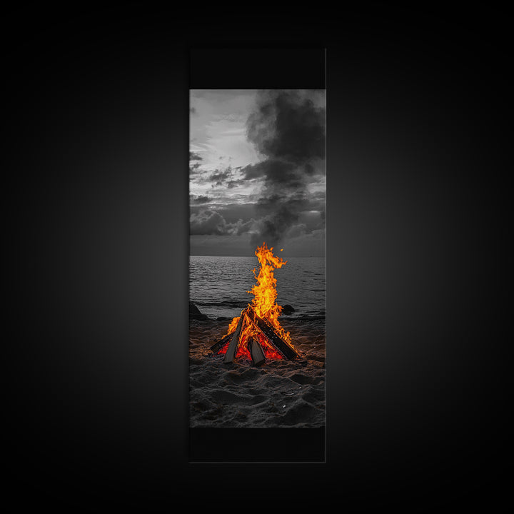 Beach Bonfire, Glowing Flame, Night Ocean, Framed Canvas Print, Autumn Coastal Wall Art, Rustic Cabin Decor, Moody Beach Photography