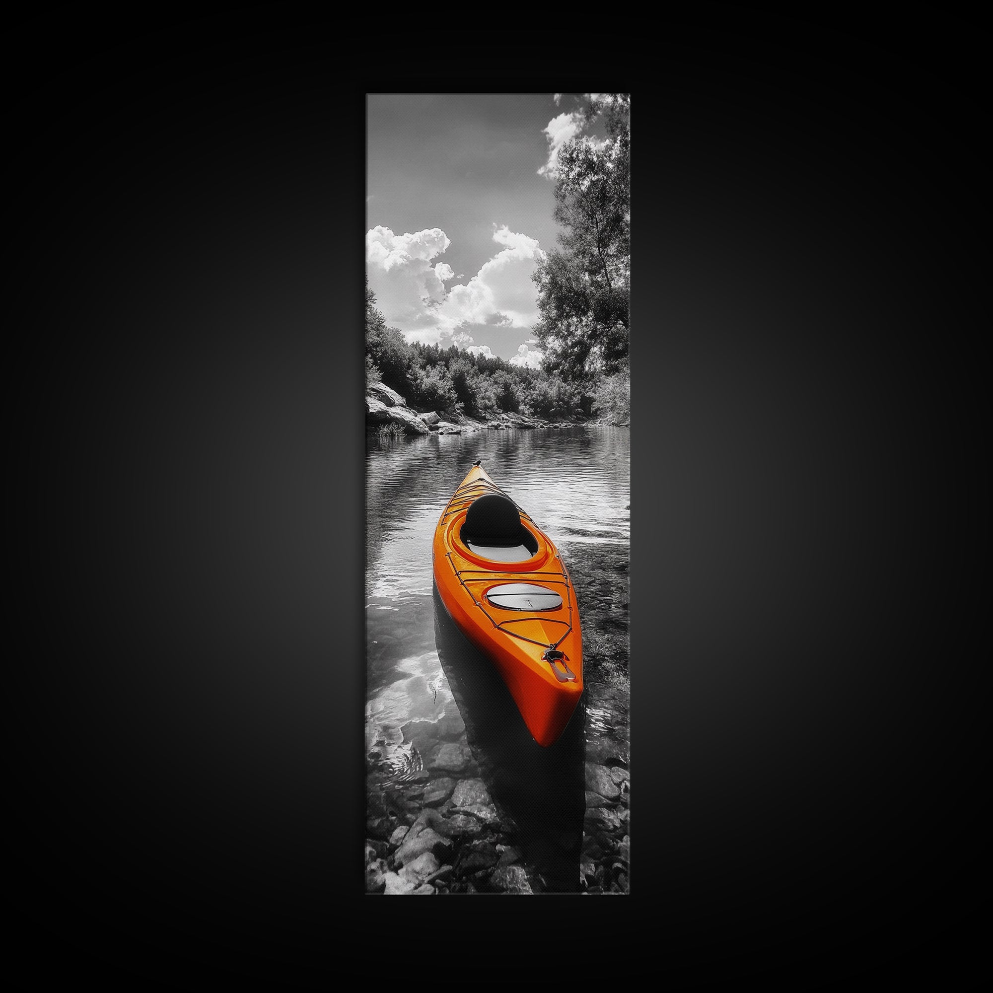 River Kayak Drift, Serene Paddle, Tranquil Outdoors, Fall Waterway, Canvas Print, Rustic Wall Art, Adventure Decor, Nature Photography