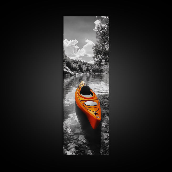 River Kayak Drift, Serene Paddle, Tranquil Outdoors, Fall Waterway, Canvas Print, Rustic Wall Art, Adventure Decor, Nature Photography