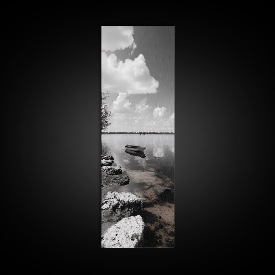 Monochrome Boat Lake, Peaceful Dockside, Still Waters, Minimal Calm, Framed Canvas Print, Bedroom Wall Art, Black White Photography