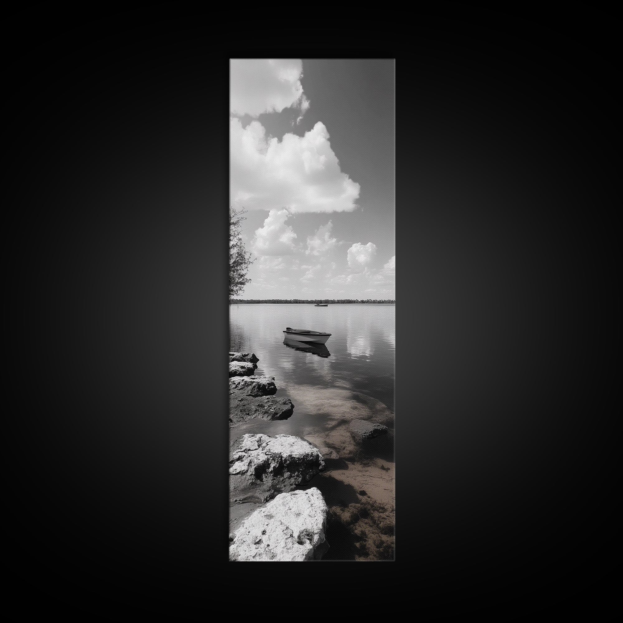 Monochrome Boat Lake, Peaceful Dockside, Still Waters, Minimal Calm, Framed Canvas Print, Bedroom Wall Art, Black White Photography