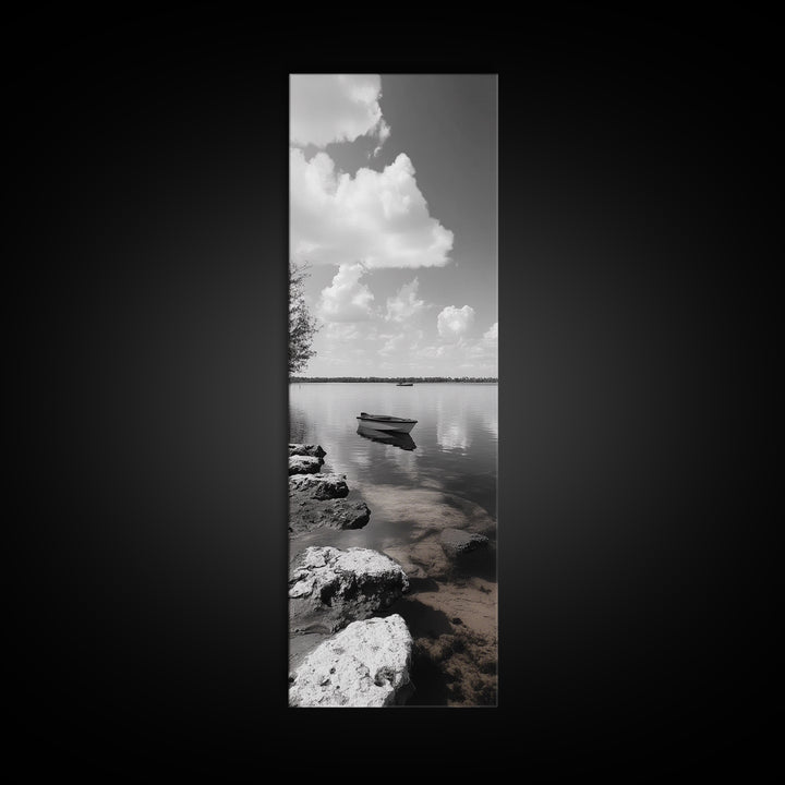 Monochrome Boat Lake, Peaceful Dockside, Still Waters, Minimal Calm, Framed Canvas Print, Bedroom Wall Art, Black White Photography