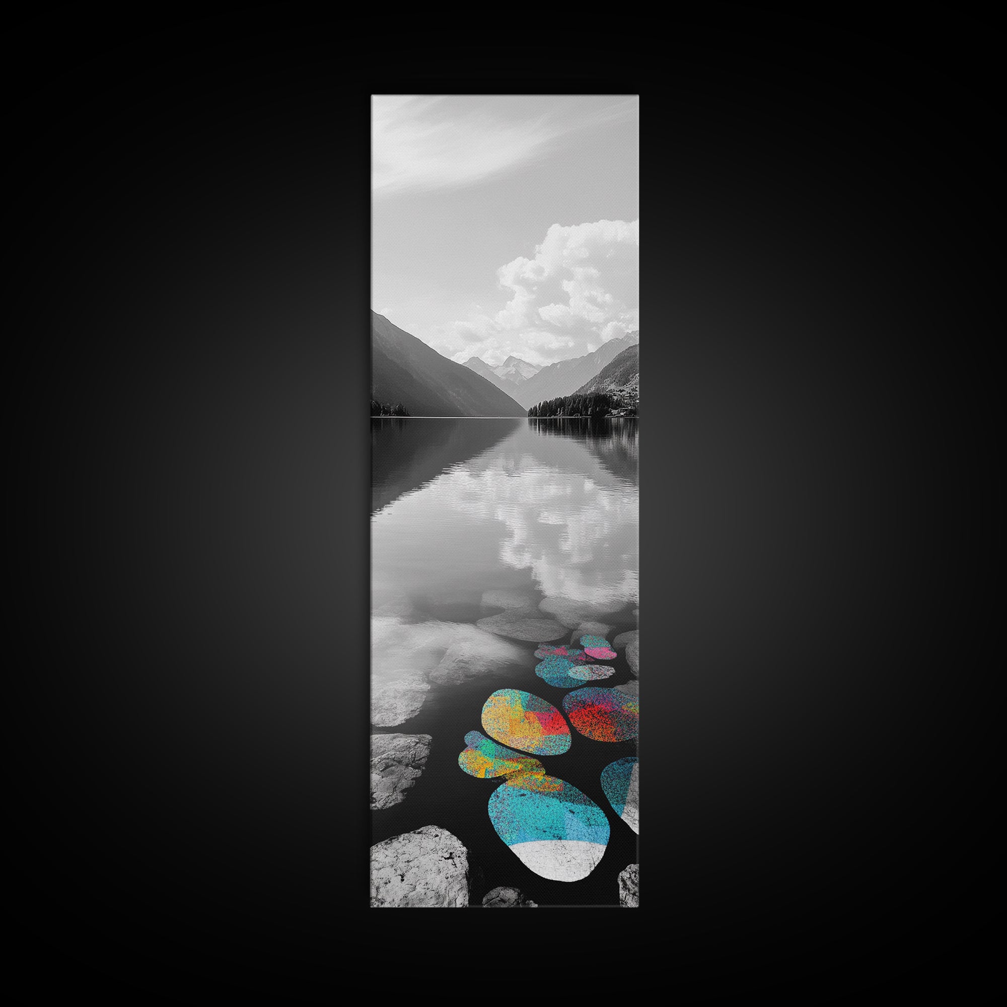 Lake Pebbles Art, Colorful Stones, Mountain Reflection, Calm Waterscape, Canvas Print, Zen Decor, Boho Lake Art, Bathroom Wall Art