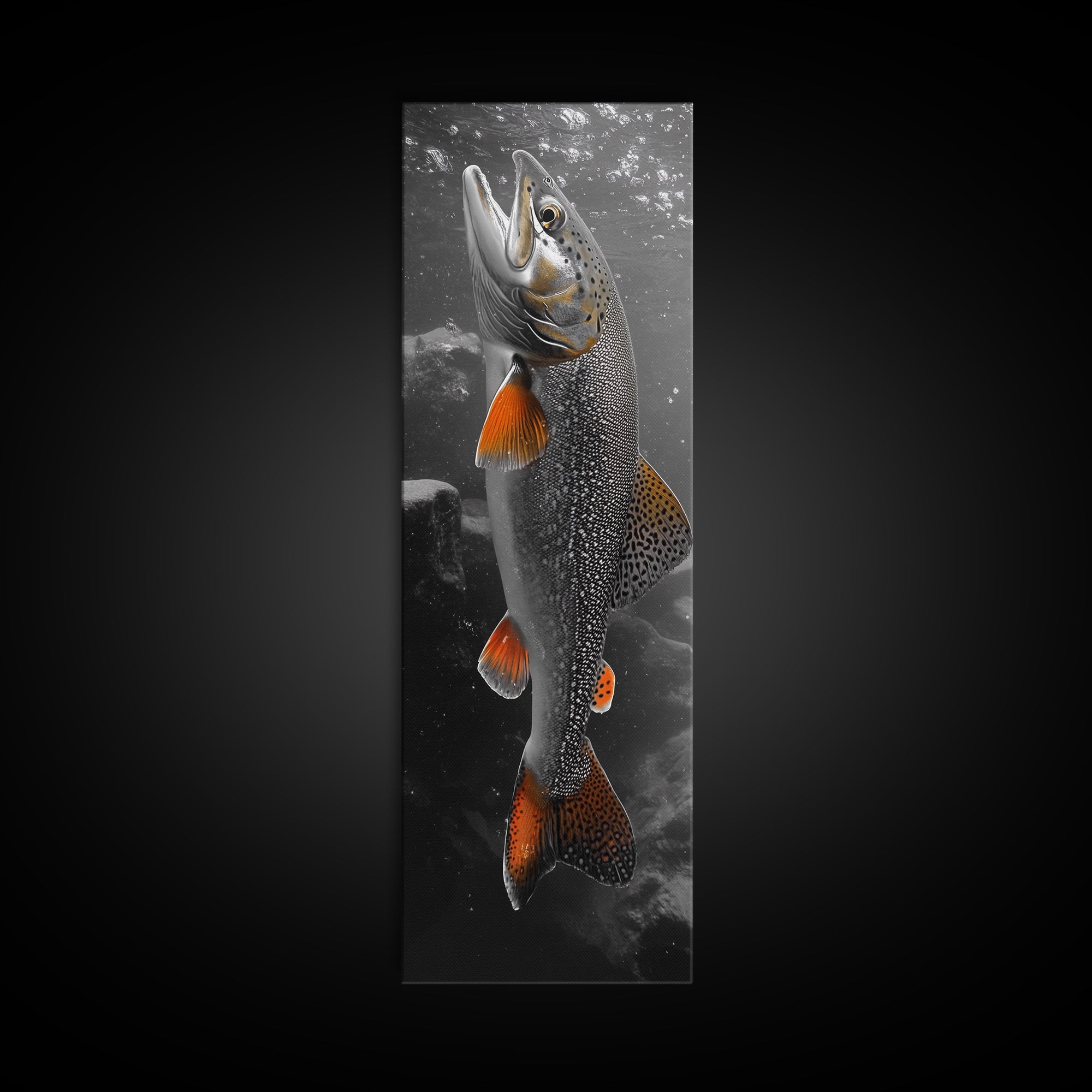 Trout Fishing Print, Underwater Scene, Orange Fins Fish, Rustic Wildlife, Framed Canvas Print, Cabin Decor, Man Cave Wall Art