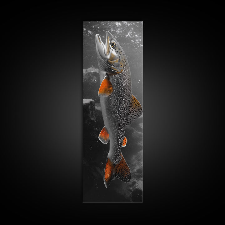 Trout Fishing Print, Underwater Scene, Orange Fins Fish, Rustic Wildlife, Framed Canvas Print, Cabin Decor, Man Cave Wall Art