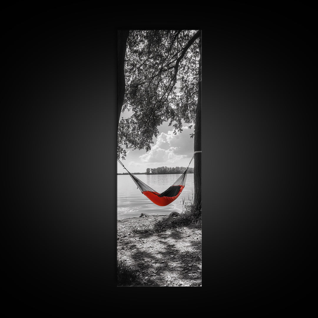 Red Hammock Escape, Nature Lake Art, Serene Moment, Outdoor Vibes, Framed Canvas Print Rustic Bedroom Wall Art, Minimalist Landscape