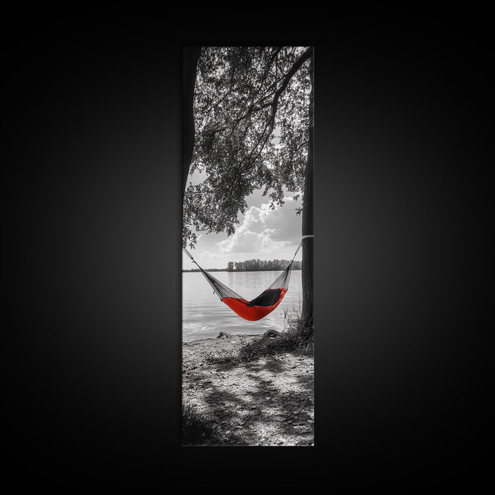 Red Hammock Escape, Nature Lake Art, Serene Moment, Outdoor Vibes, Framed Canvas Print Rustic Bedroom Wall Art, Minimalist Landscape