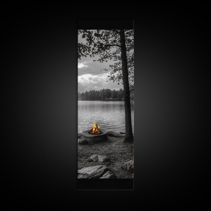 Autumn Campfire Scene, Cozy Outdoors, Fall Evening Glow, Lakeside Calm, Framed Canvas Print Cabin Decor, Living Room Autumn Wall Art