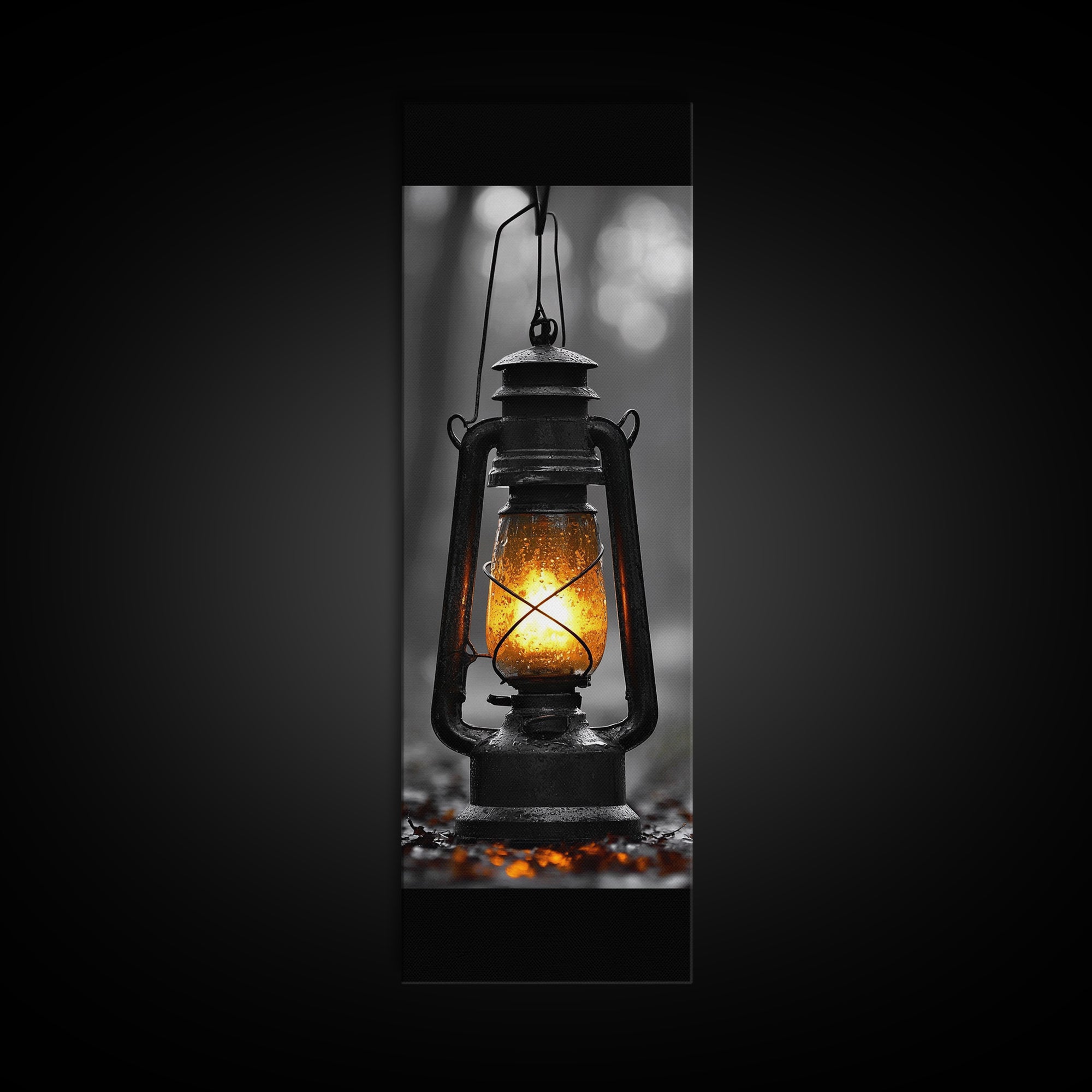 Vintage Lantern Glow, Moody Forest Scene, Rainy Night Light, Framed Canvas Print Rustic Entryway Wall Art, Autumn Warmth Art Style