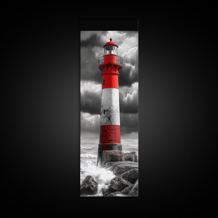 Red Lighthouse Storm, Coastal Beacon Art, Dramatic Seascape, Nautical Scene, Framed Canvas Print Living Room Wall Art, Moody Decor