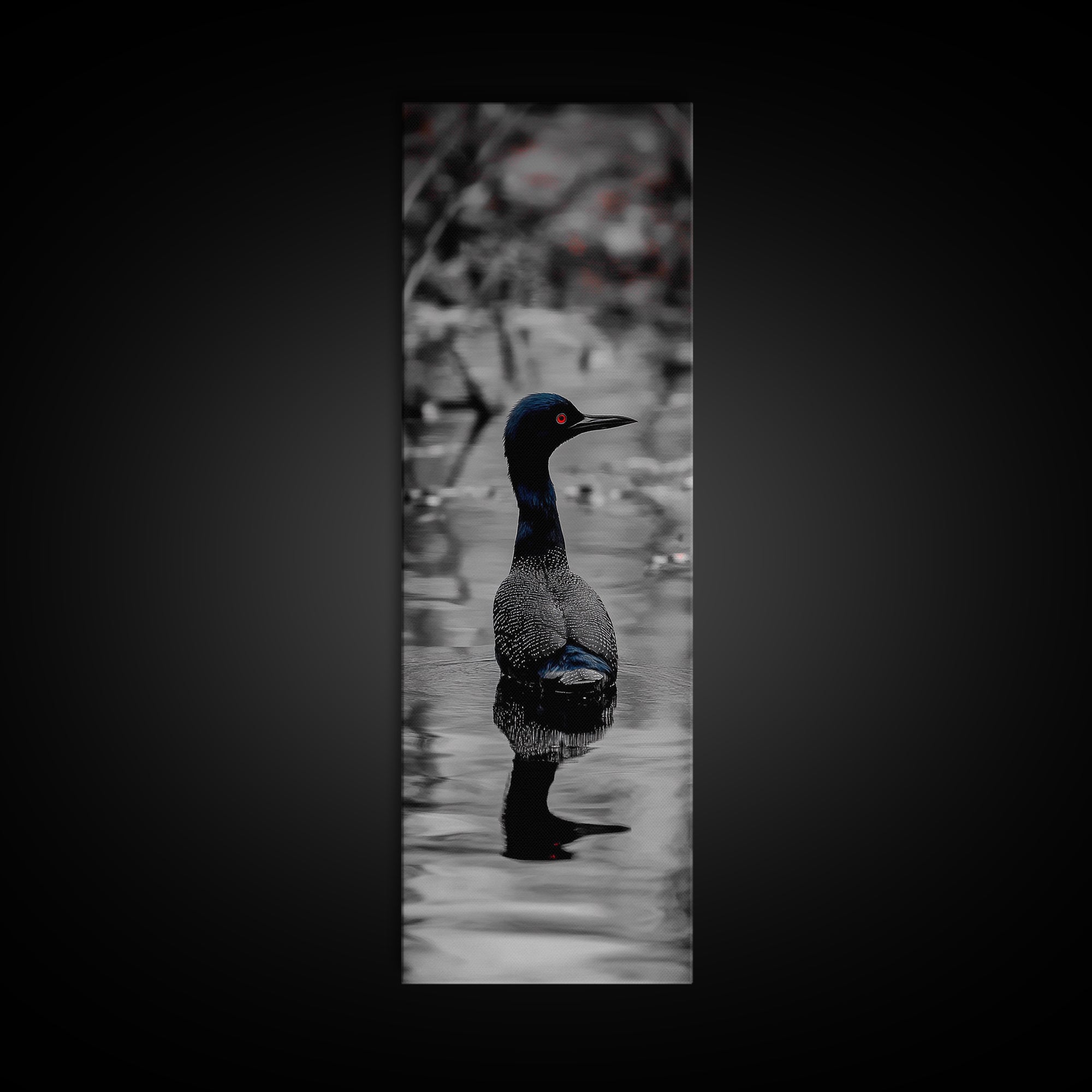 Blue Loon, Water Reflection, Elegant Bird, Lake Life Framed Canvas Print, cabin decor, nature wall art, minimalist bird art, office wall art