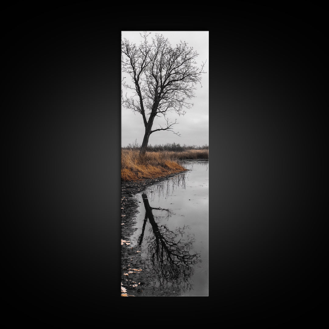 Bare Tree, Marsh Reflection, Autumn Tones, Moody Nature Framed Canvas Print, fall farmhouse wall art, rustic entryway decor, office wall art