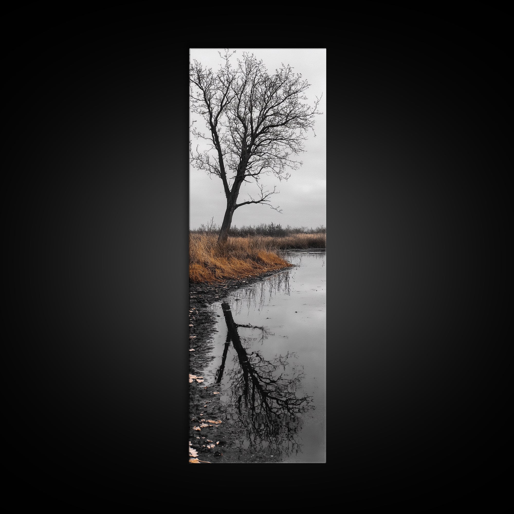 Bare Tree, Marsh Reflection, Autumn Tones, Moody Nature Framed Canvas Print, fall farmhouse wall art, rustic entryway decor, office wall art