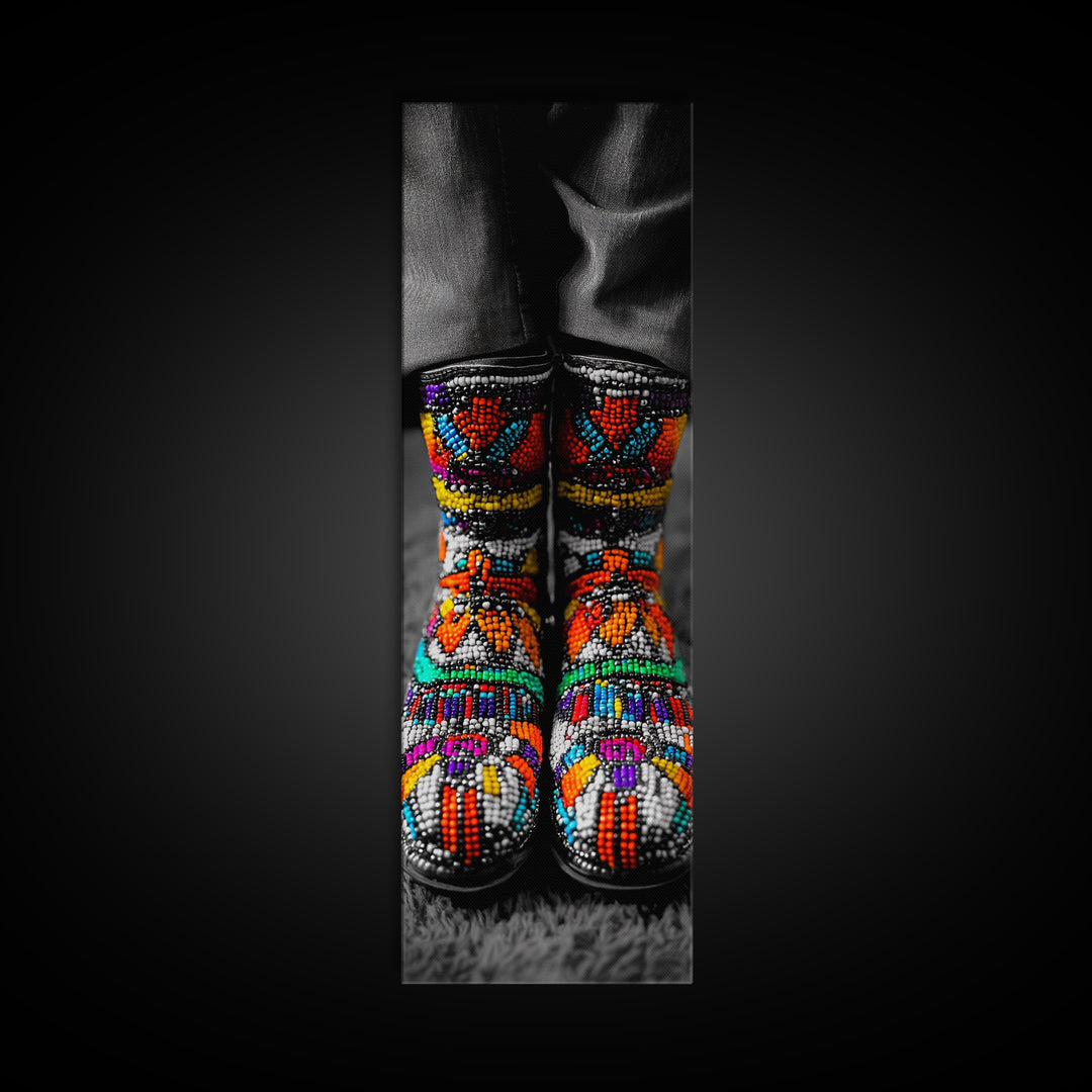 Beaded Boots, Bold Fashion, Cultural Style, Tribal Vibes, Framed Canvas Print, Boho art, Fashion Wall Art, Entryway Decor, Statement Piece