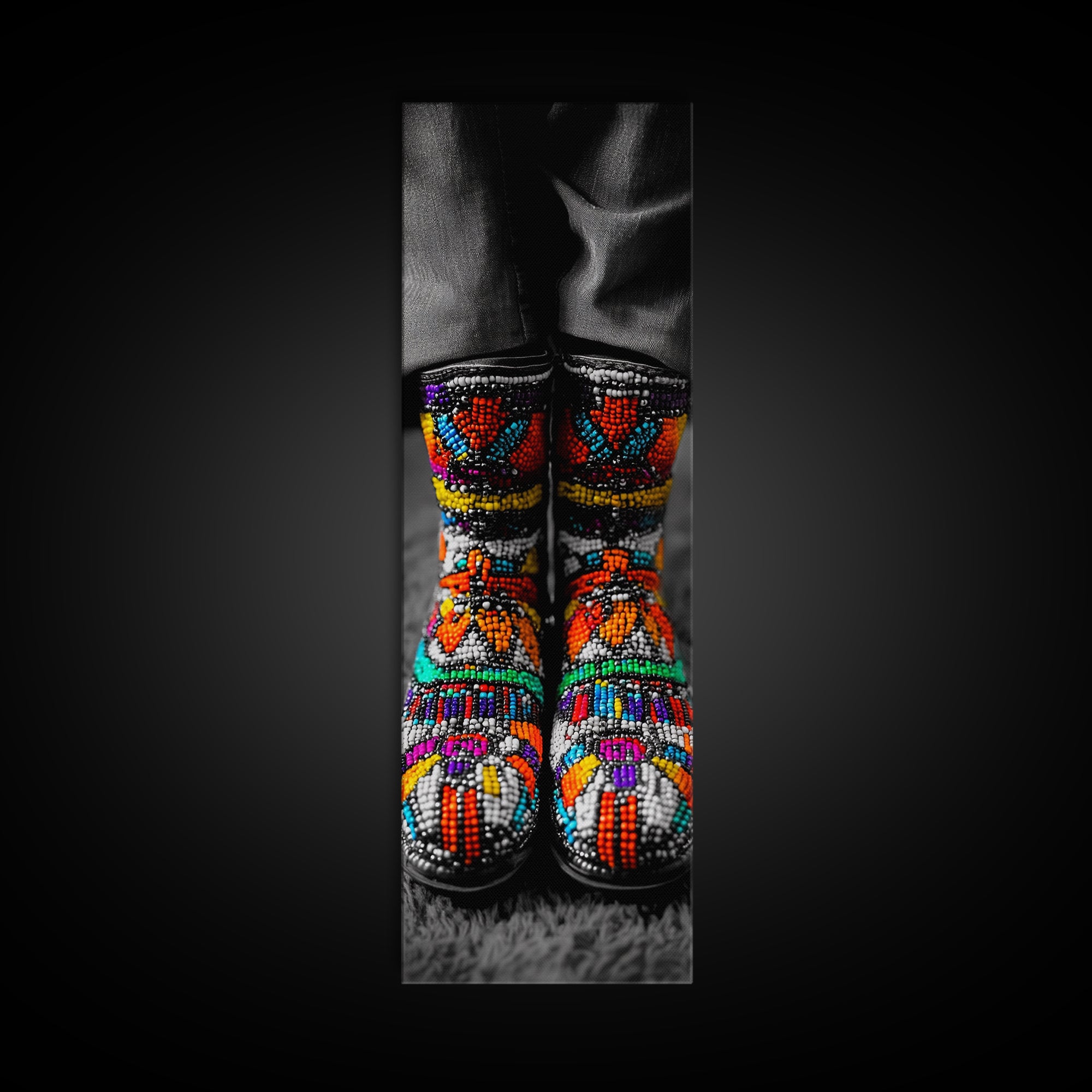 Beaded Boots, Bold Fashion, Cultural Style, Tribal Vibes, Framed Canvas Print, Boho art, Fashion Wall Art, Entryway Decor, Statement Piece