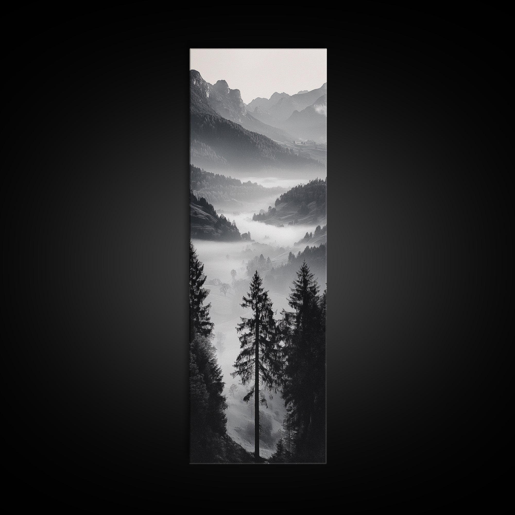 Foggy Mountains, Pine Forest, Valley Mist, Calm Landscape, Canvas Print, entryway wall art, cozy cabin vibes, grayscale art style