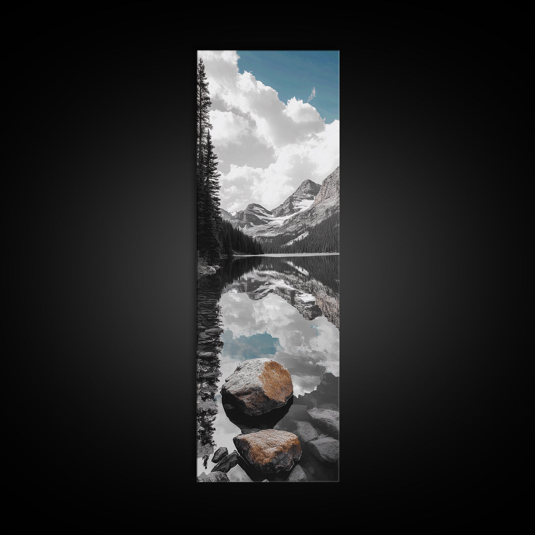 Alpine Reflection, Lake View, Mountain Tranquility, Framed Canvas Print, Nature Lover Gift, Bathroom Wall Art, Boho Landscape Art, Neutral Decor