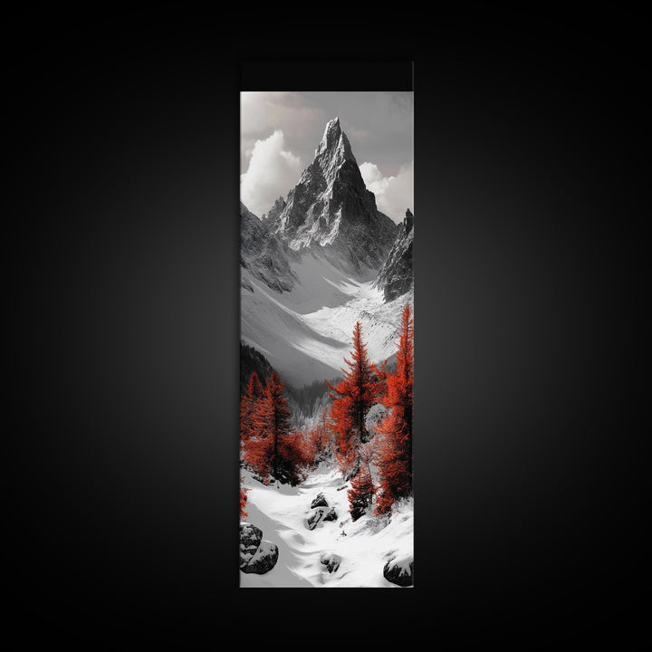 Red Trees, Snowy Mountain, Dramatic Landscape, Framed Canvas Print, Winter Wonderland Art, Office Wall Decor, Moody Nature Scene Print
