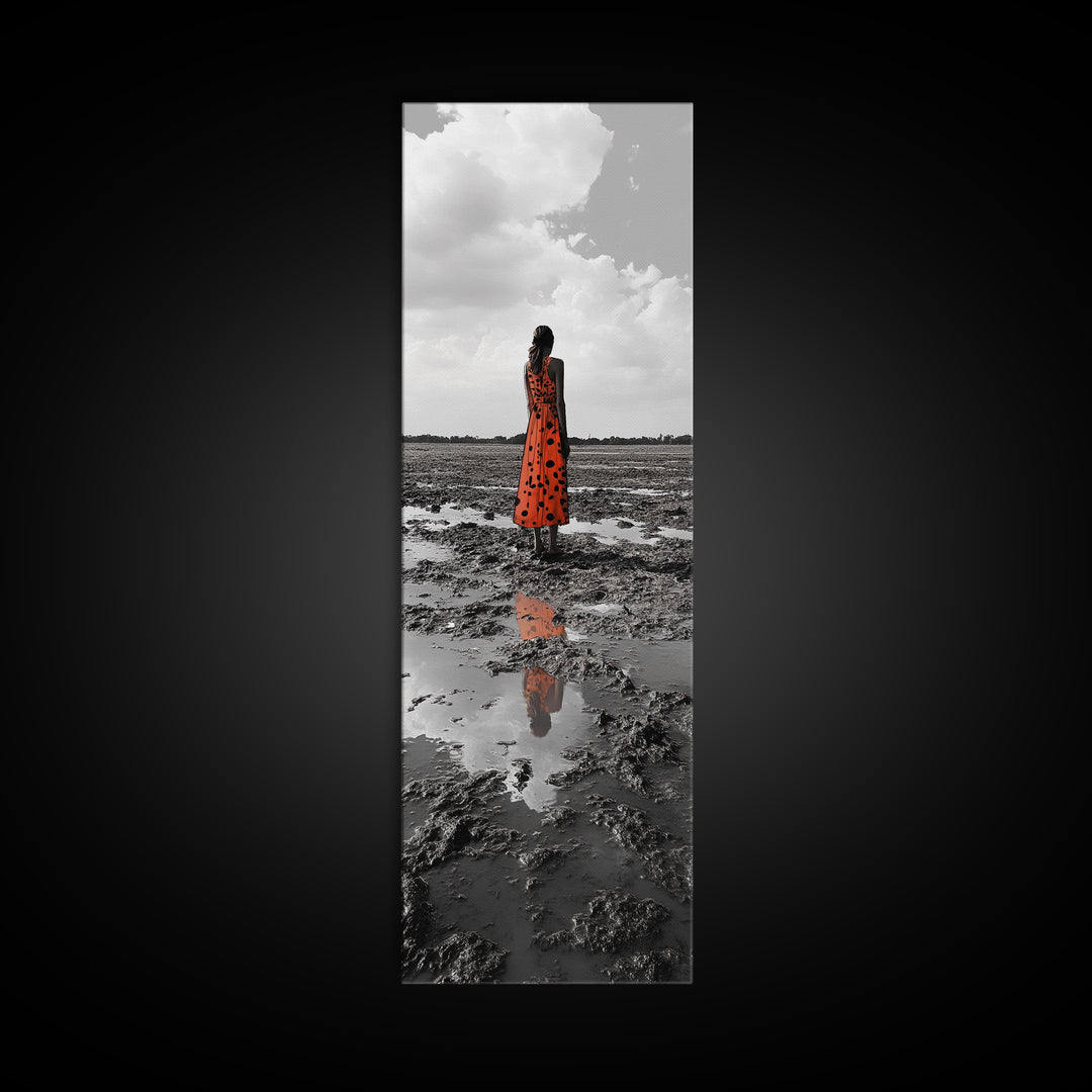 Solitary Woman, Polka Dot Dress, Reflected Mood, Framed Canvas Print, Surreal Fine Art, Bedroom Wall Art, Contemporary Minimalist Style