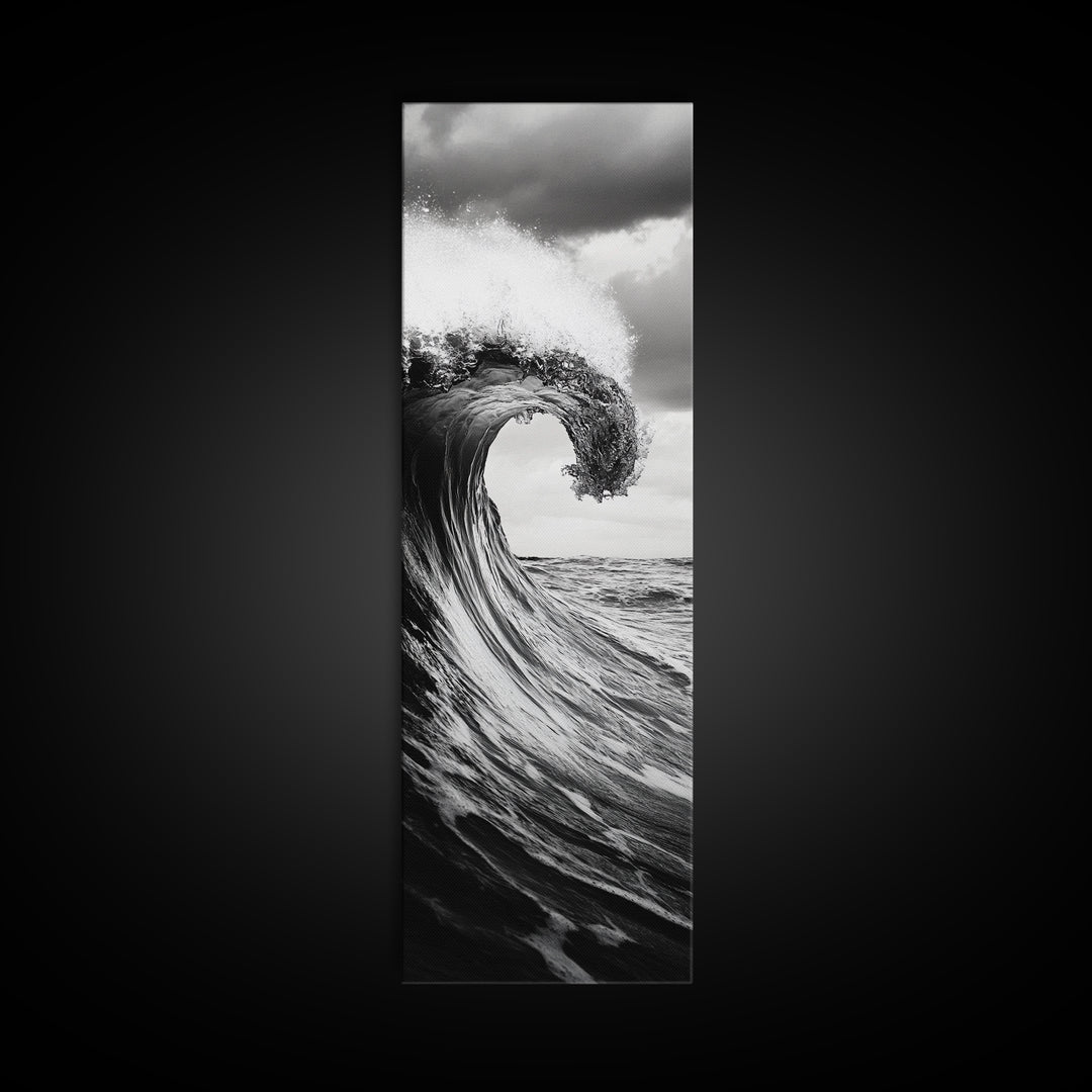 Ocean Wave, Monochrome Surf, Nature Power, Dramatic Sea, Framed Canvas Print, Coastal Wall Decor, Modern Bathroom Art, Minimalist Ocean Art