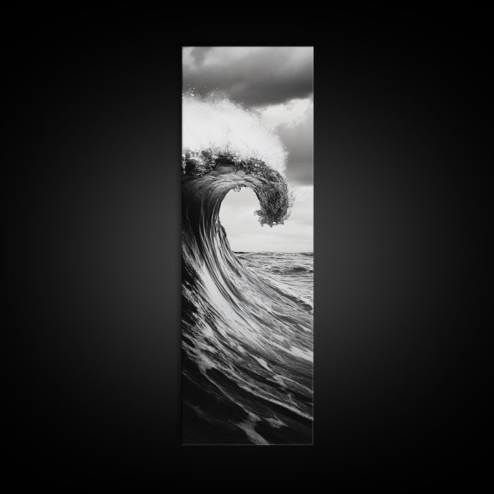 Ocean Wave, Monochrome Surf, Nature Power, Dramatic Sea, Framed Canvas Print, Coastal Wall Decor, Modern Bathroom Art, Minimalist Ocean Art