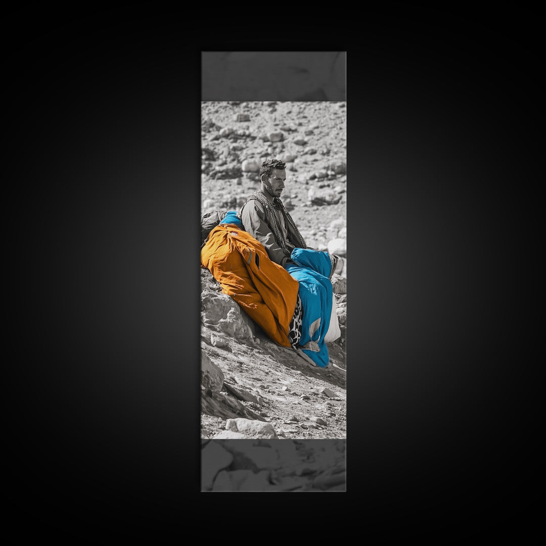 Nomadic Man, Desert Life, Color Blankets, Tribal Spirit, Framed Canvas Print, Ethnic Art, Boho Decor, Bedroom Wall Art, Cultural Piece
