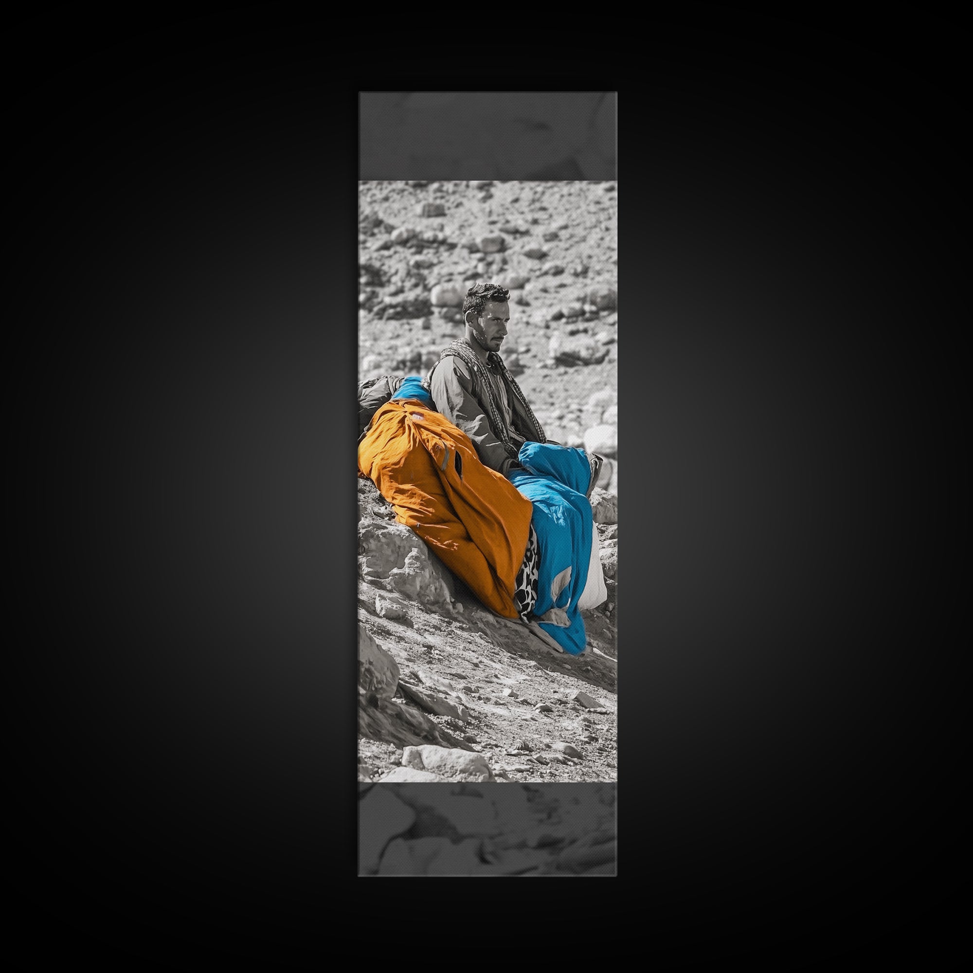 Nomadic Man, Desert Life, Color Blankets, Tribal Spirit, Framed Canvas Print, Ethnic Art, Boho Decor, Bedroom Wall Art, Cultural Piece