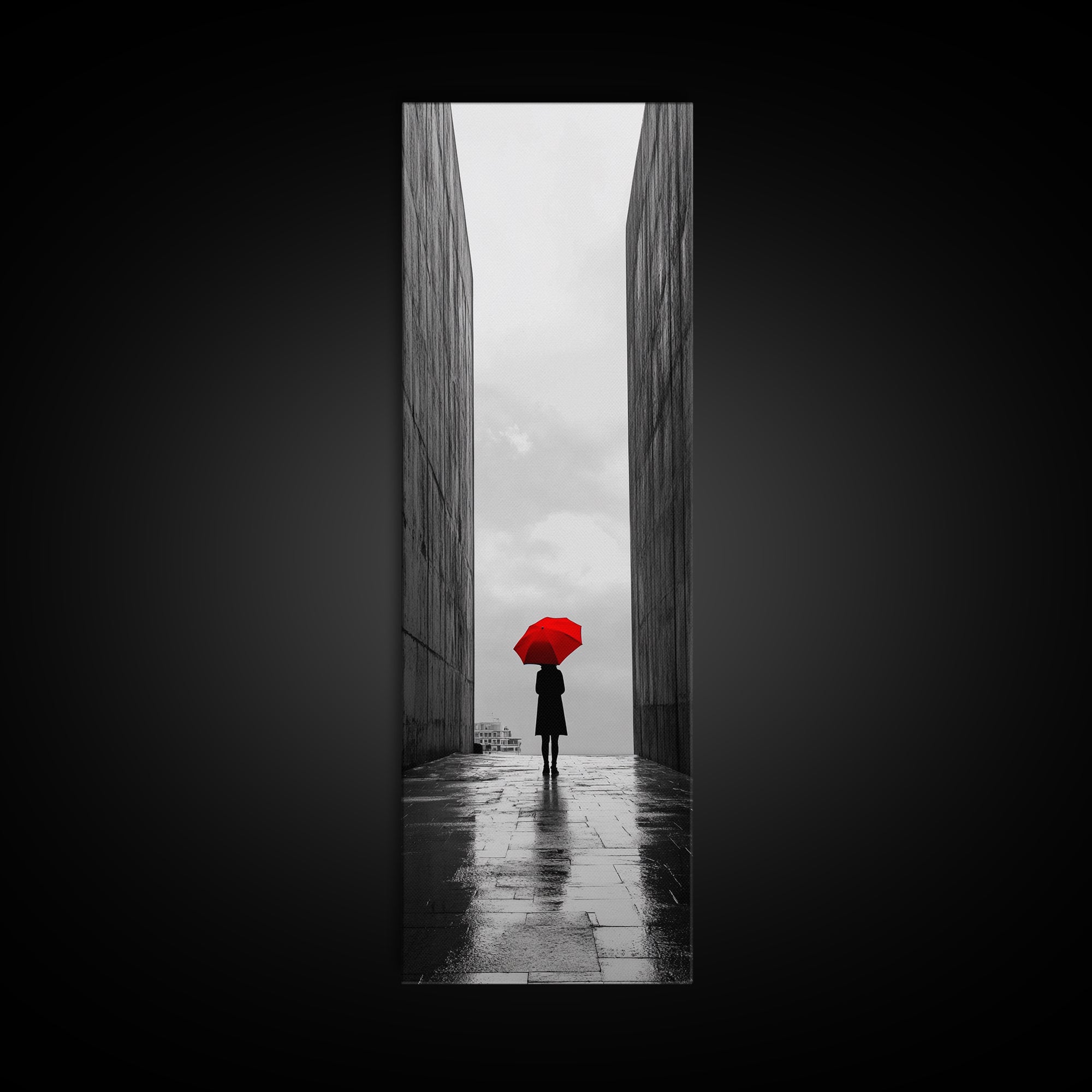 Red Umbrella, Rainy Day, Urban Silhouette, Framed Canvas Print, Minimalist Wall Art, Modern Entryway Decor, Monochrome Mood