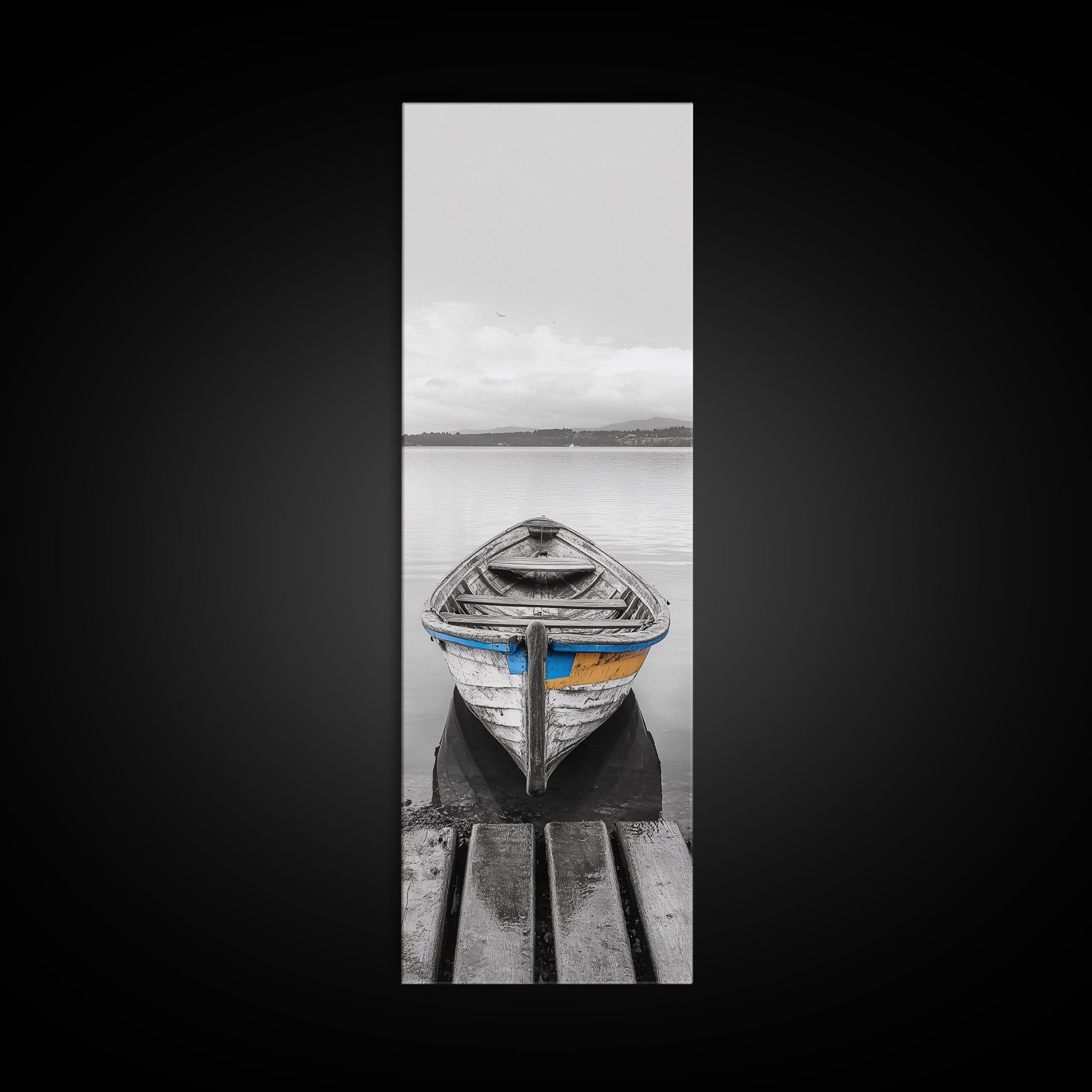 Rowboat Front, Calm Water, Lake Stillness, Serene View, Framed Canvas Print, Nautical Decor, Minimalist Art, Coastal Living Room